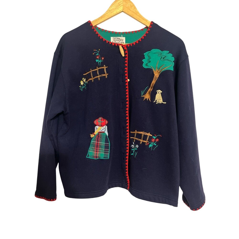 Vintage Country Suburbans Blue Applique Embroidered Cardigan Sweater W L Knit